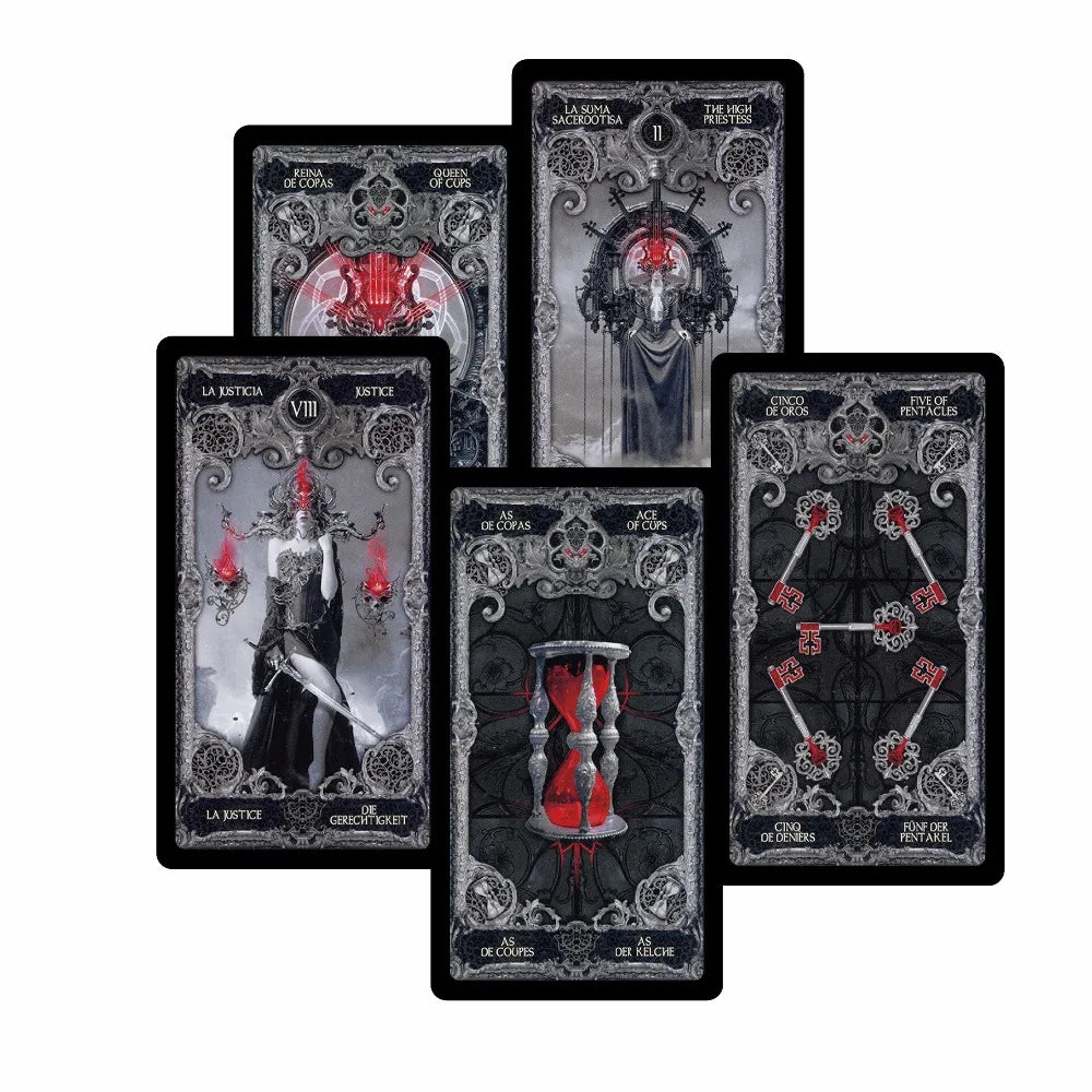 XIII Dark Tarot Deck - 78 Cards Gothic Mysterious Divination | 5 Languages on Every Card | QR Guide Included | Adults 18+