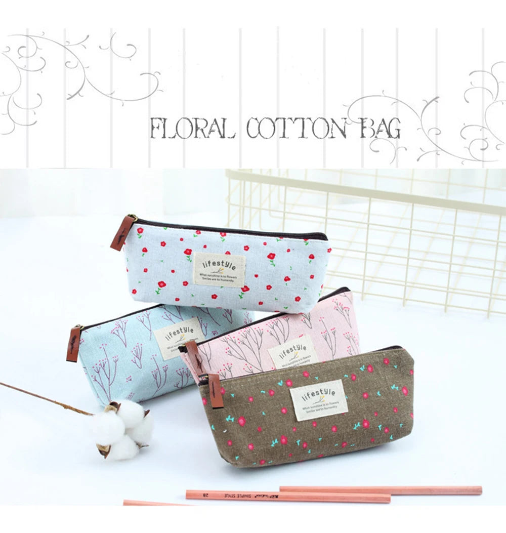 Floral Canvas Pencil Case - Zipper Stationery Pouch
