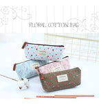 Floral Canvas Pencil Case - Zipper Stationery Pouch