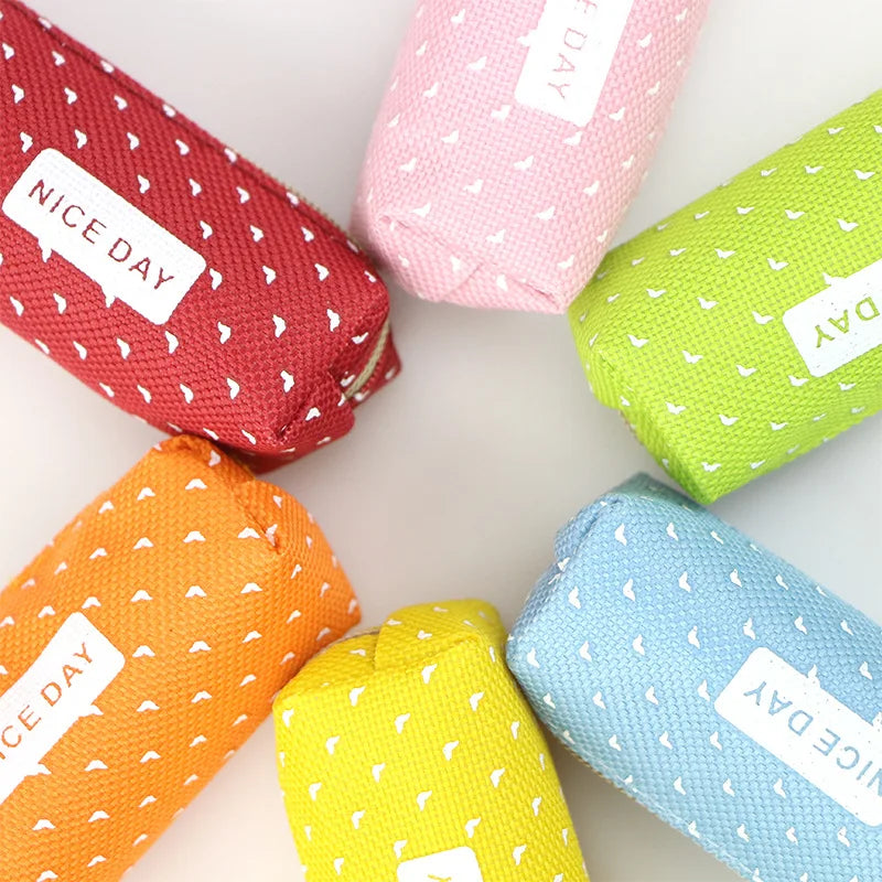 Kawaii Candy Color Pencil Case - Polka Dot Canvas Pen Pouch | 5 Pastel Colors | School & Office Stationery
