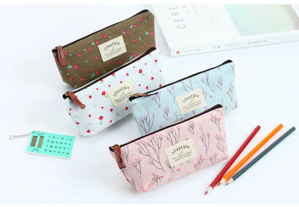 Floral Canvas Pencil Case - Zipper Stationery Pouch