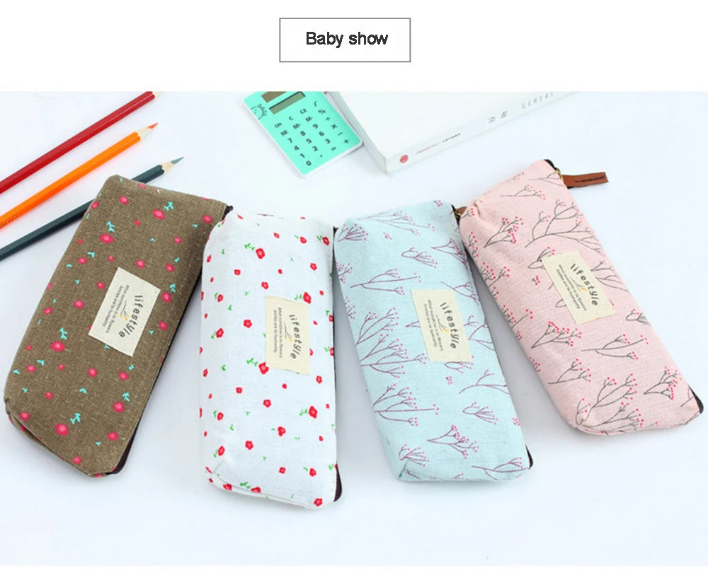 Floral Canvas Pencil Case - Zipper Stationery Pouch