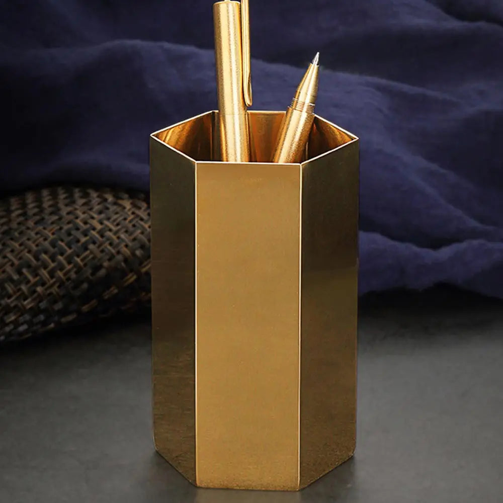 Vintage Brass-Tone Steel Pen Holder – Hexagon or Round | Desk Organizer for Pens, Pencils & Brushes