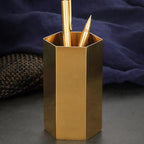 Vintage Brass-Tone Steel Pen Holder – Hexagon or Round | Desk Organizer for Pens, Pencils & Brushes