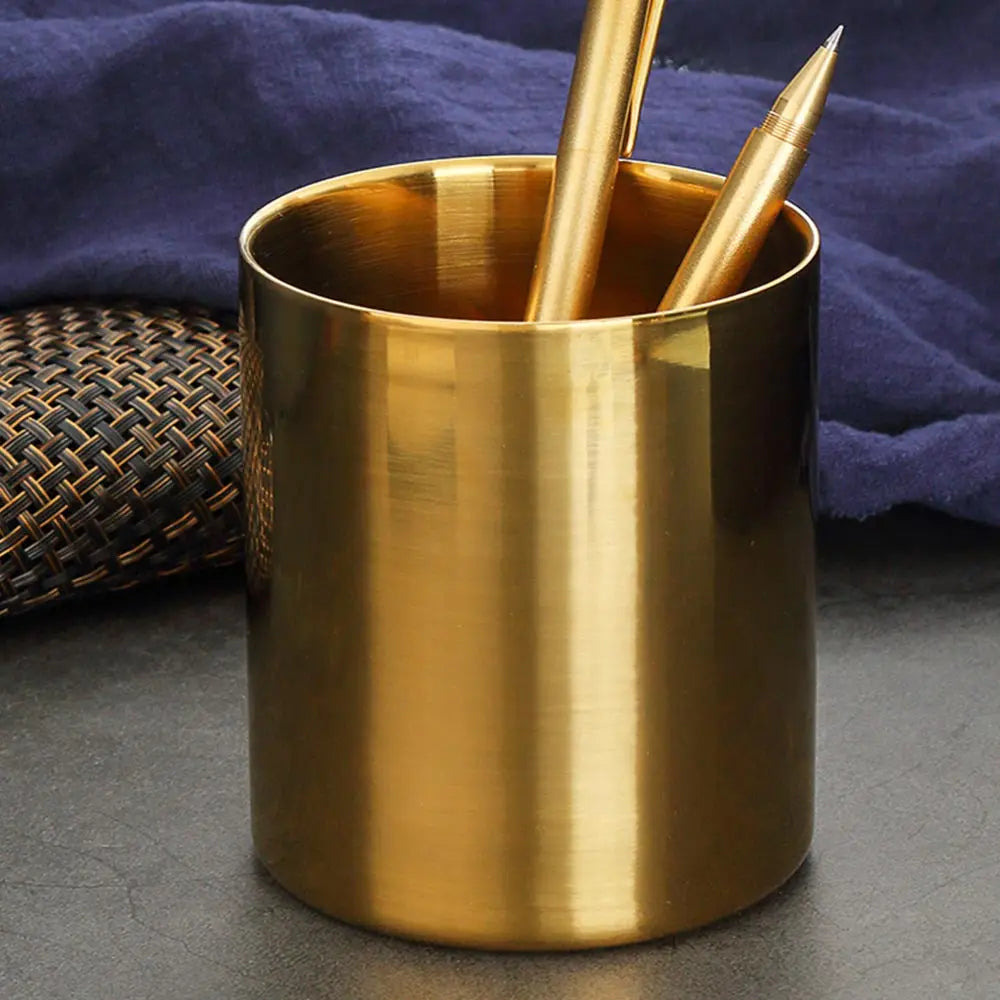 Vintage Brass-Tone Steel Pen Holder – Hexagon or Round | Desk Organizer for Pens, Pencils & Brushes
