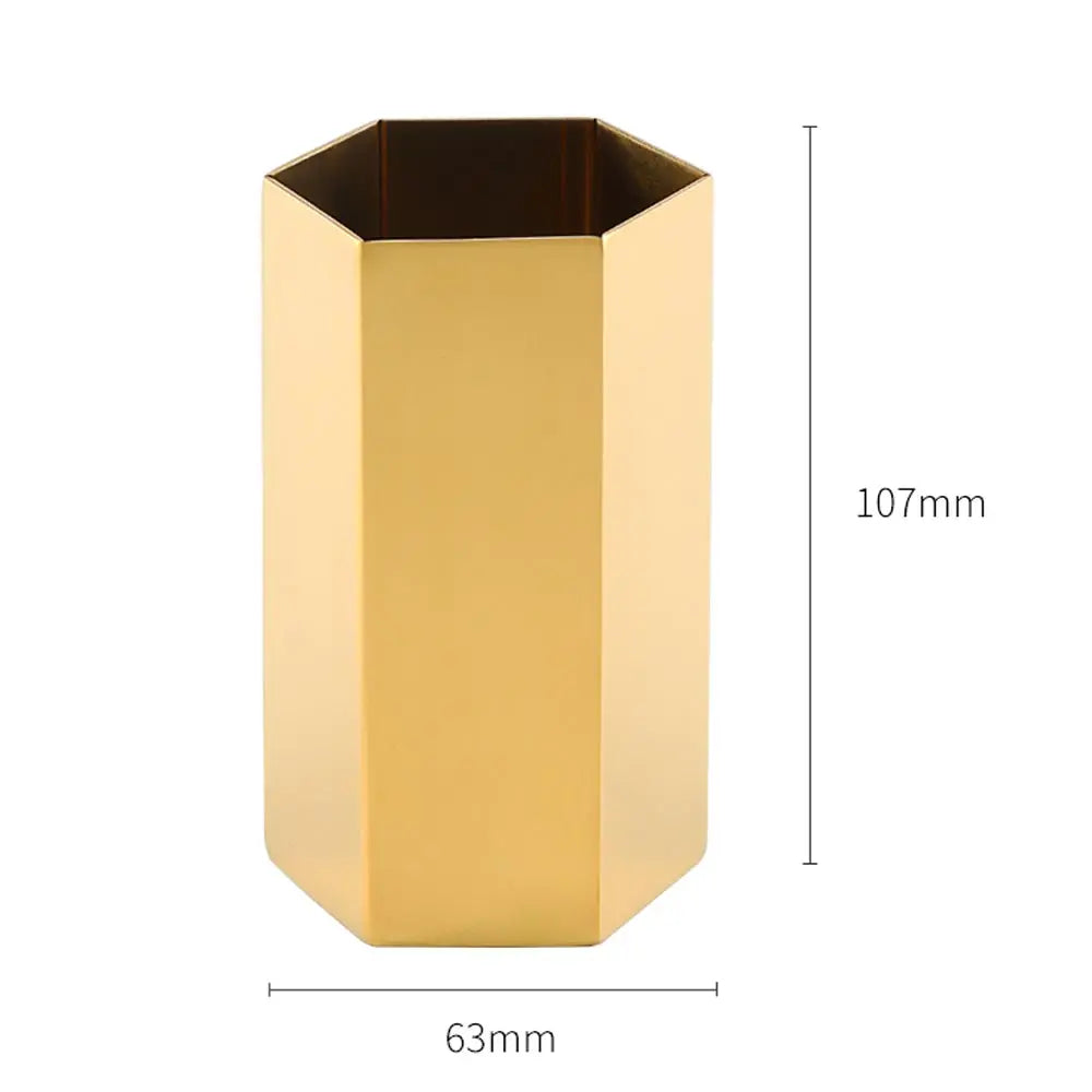 Vintage Brass-Tone Steel Pen Holder – Hexagon or Round | Desk Organizer for Pens, Pencils & Brushes