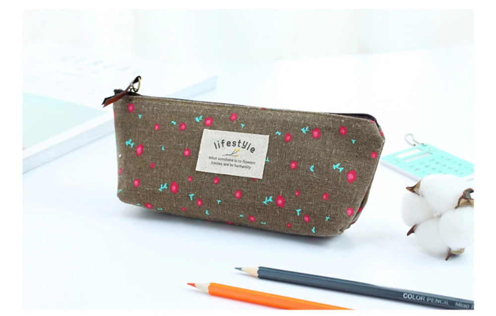 Floral Canvas Pencil Case - Zipper Stationery Pouch