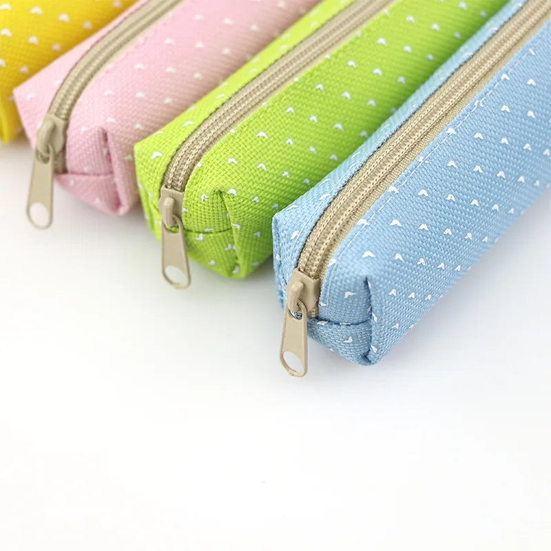 Kawaii Candy Color Pencil Case - Polka Dot Canvas Pen Pouch | 5 Pastel Colors | School & Office Stationery