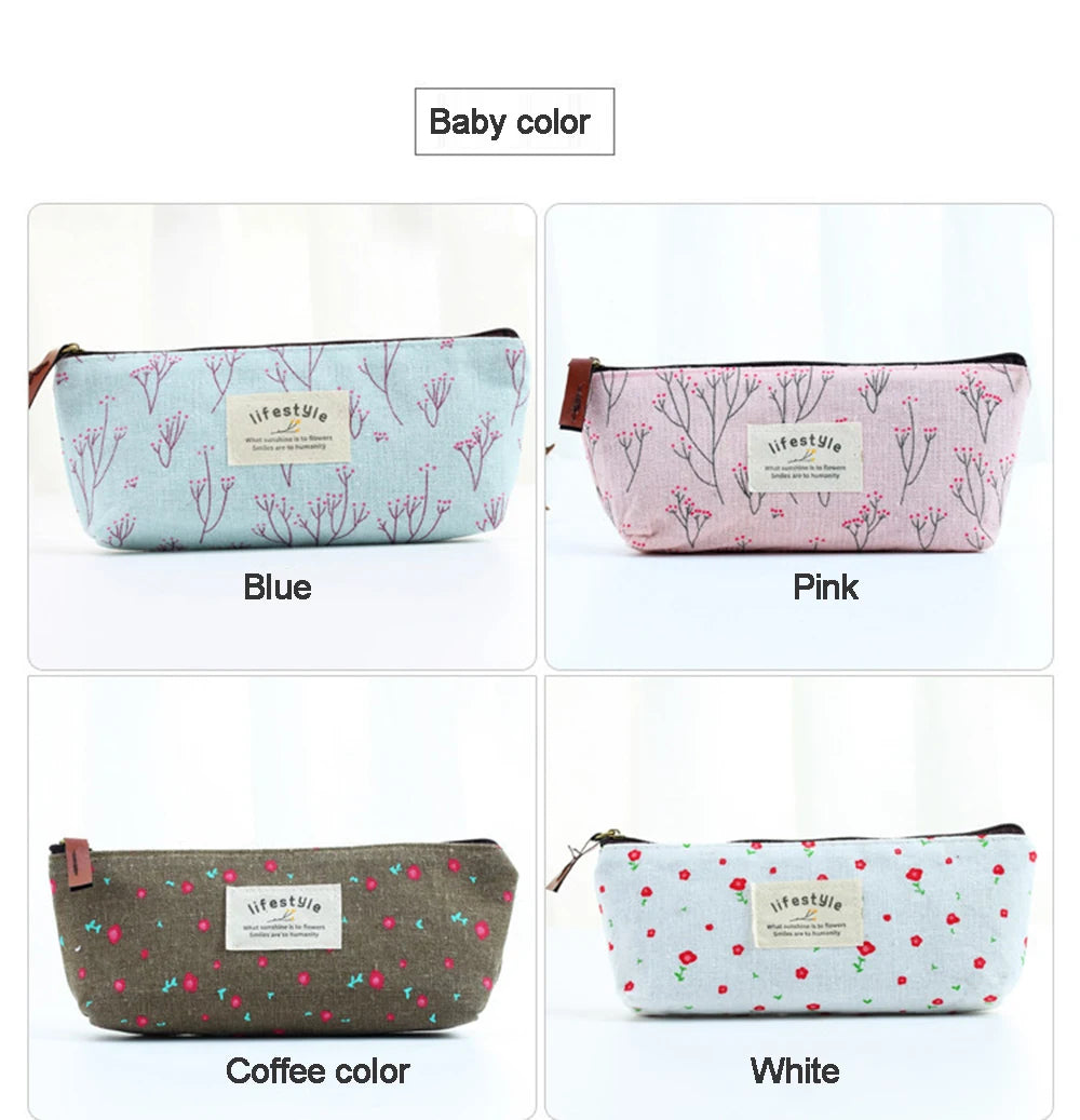 Floral Canvas Pencil Case - Zipper Stationery Pouch