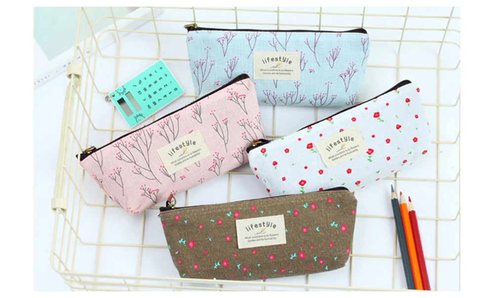 Floral Canvas Pencil Case - Zipper Stationery Pouch