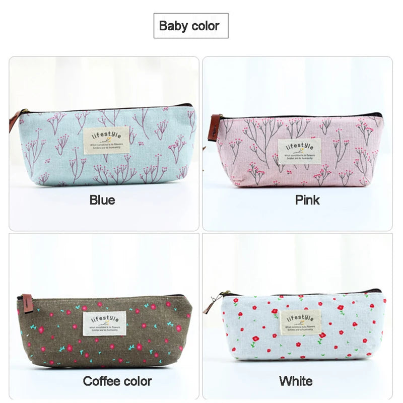 Floral Canvas Pencil Case - Zipper Stationery Pouch