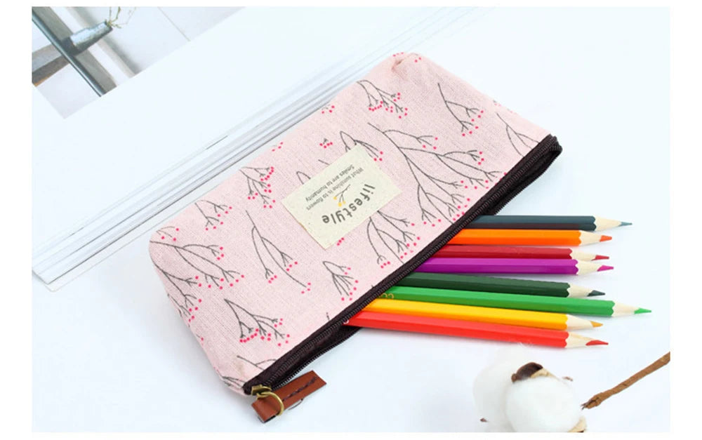 Floral Canvas Pencil Case - Zipper Stationery Pouch