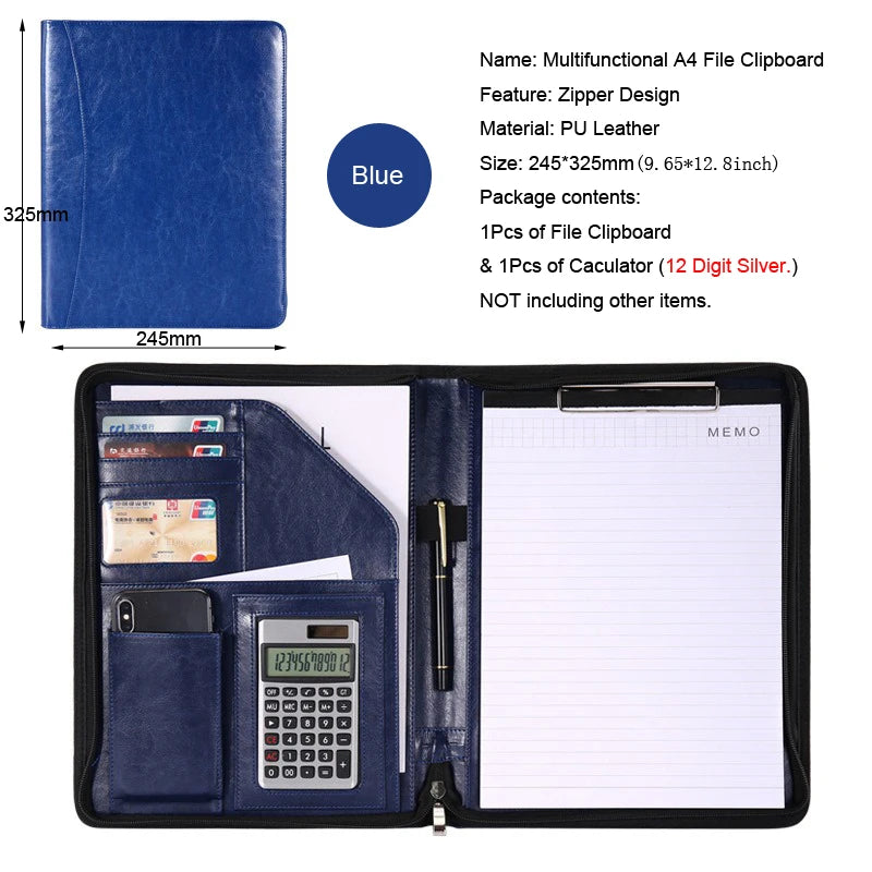 Executive A4 Leather Portfolio Folder – Zippered PU Leather Padfolio | With or Without Calculator | Black, Bronze, Blue & Brown
