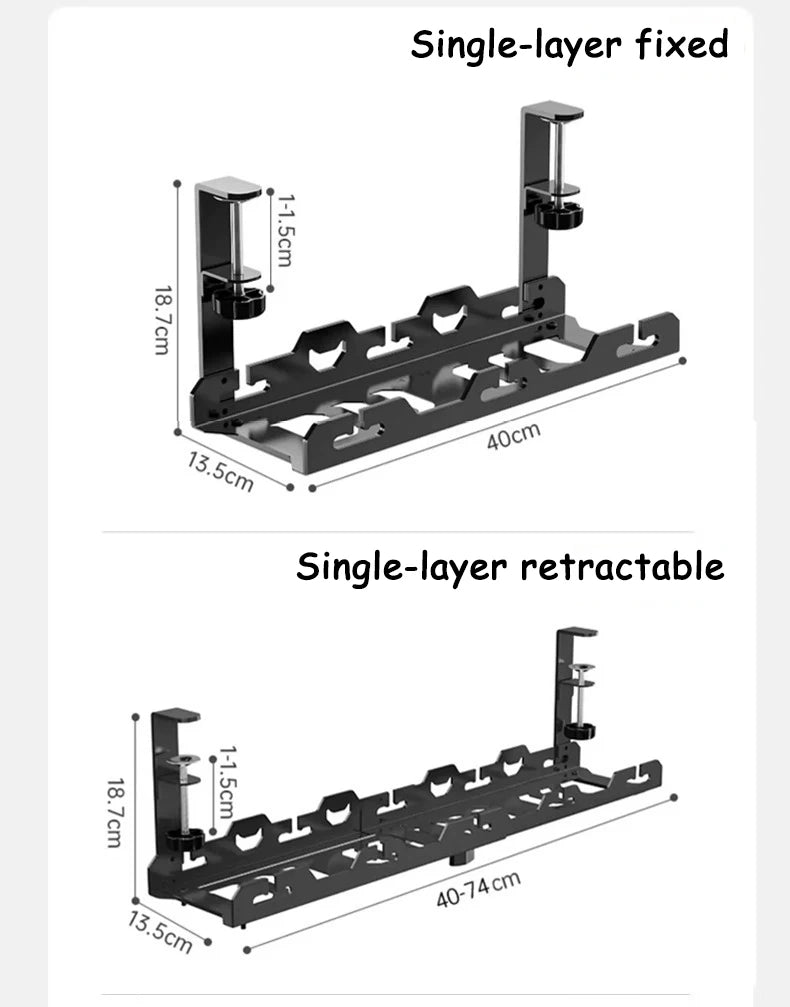 Under-Desk Cable Management Rack — Telescopic Metal Storage Tray, No Drilling Required