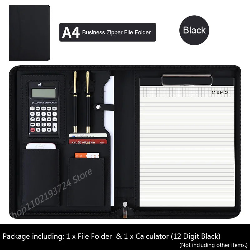 Executive A4 Leather Portfolio Folder – Zippered PU Leather Padfolio | With or Without Calculator | Black, Bronze, Blue & Brown