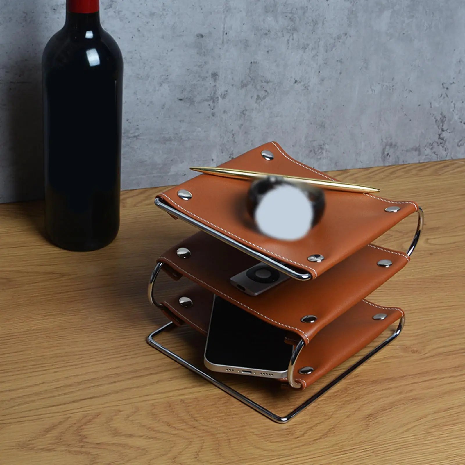 Three-Layer Desk Shelf Organizer in Brown | PU Leather & Metal Rack | File Sorting, Display & Multi-Use Storage