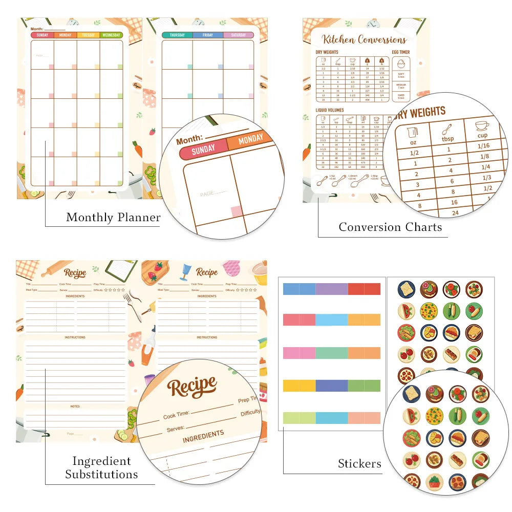 Recipe Journal – 120-Page Spiral Hardcover Recipe Book | Illustrated Inner Pages, Kitchen Conversion Chart & Food Stickers | 2 Cover Designs