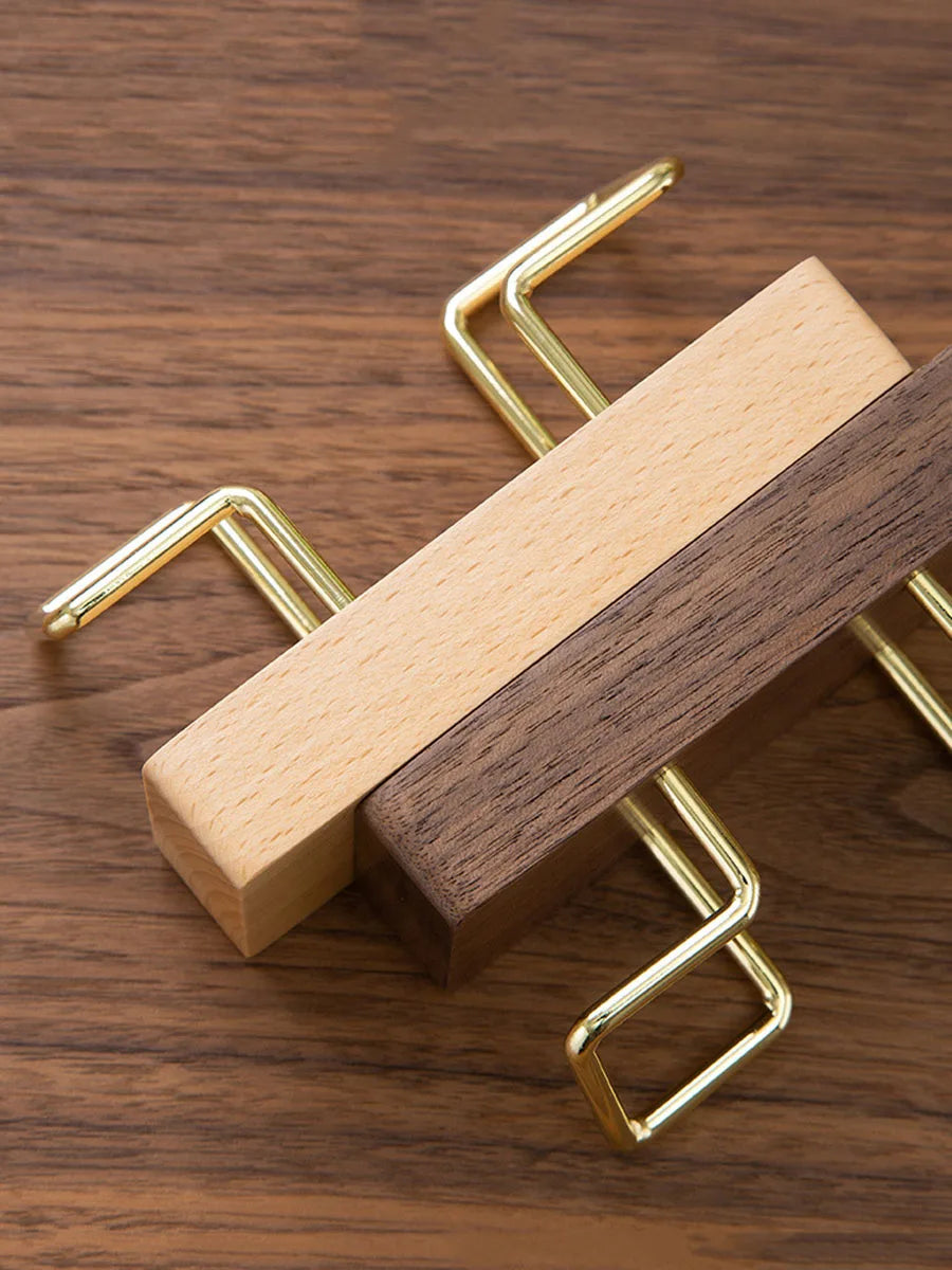 Wooden Business Card Holder with Gold Wire Stand – Desk Organizer Display | Beech or Walnut