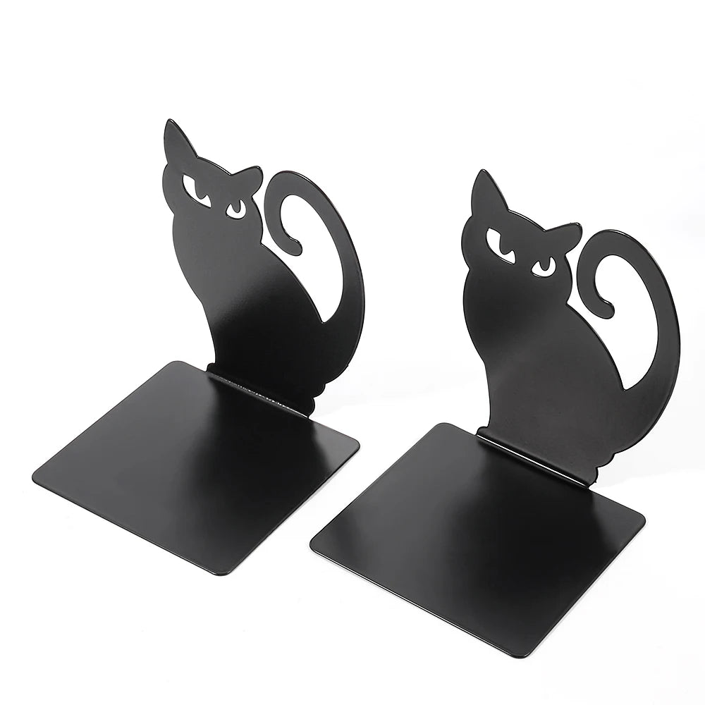 Black Cat Bookends — Heavy Iron Book Stand for Shelf & Desk