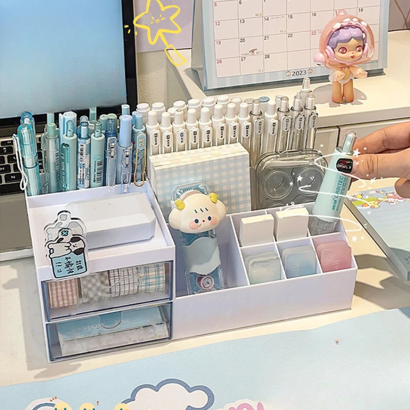 Kawaii Nine-Grid Drawer Desktop Organizer in Sky Blue | Pen Holder & Stationery Storage Box | Includes Stickers