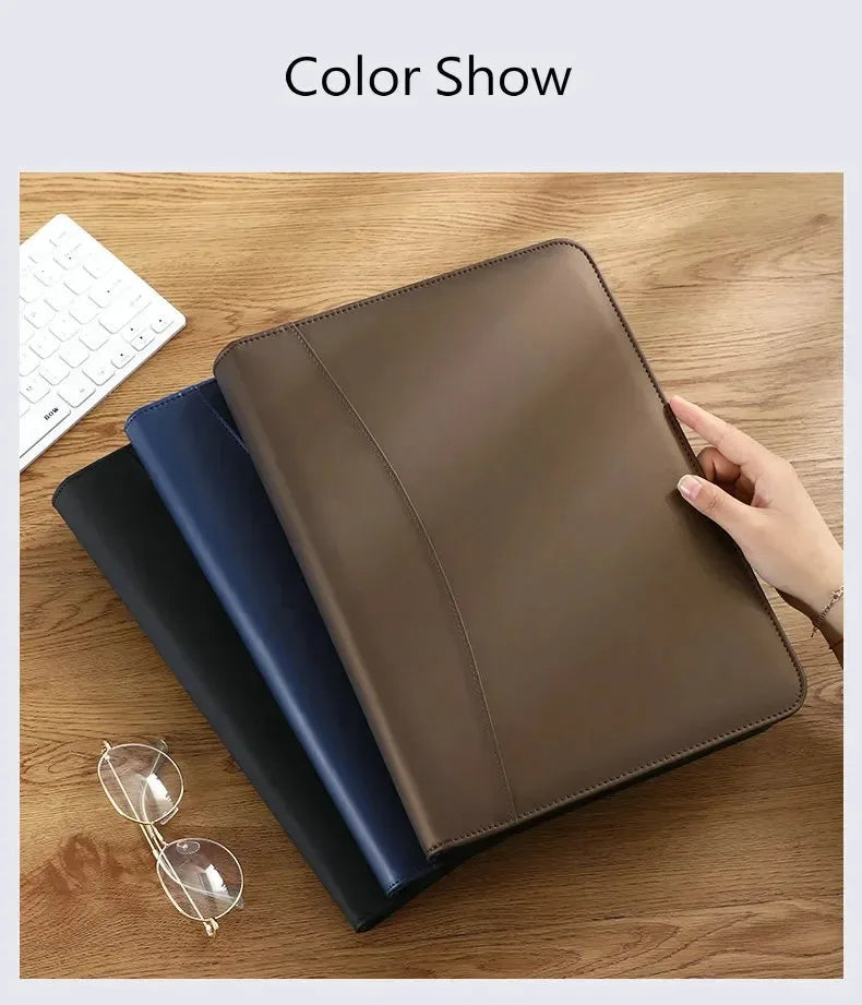 Executive A4 Leather Portfolio Folder – Zippered PU Leather Padfolio | With or Without Calculator | Black, Bronze, Blue & Brown