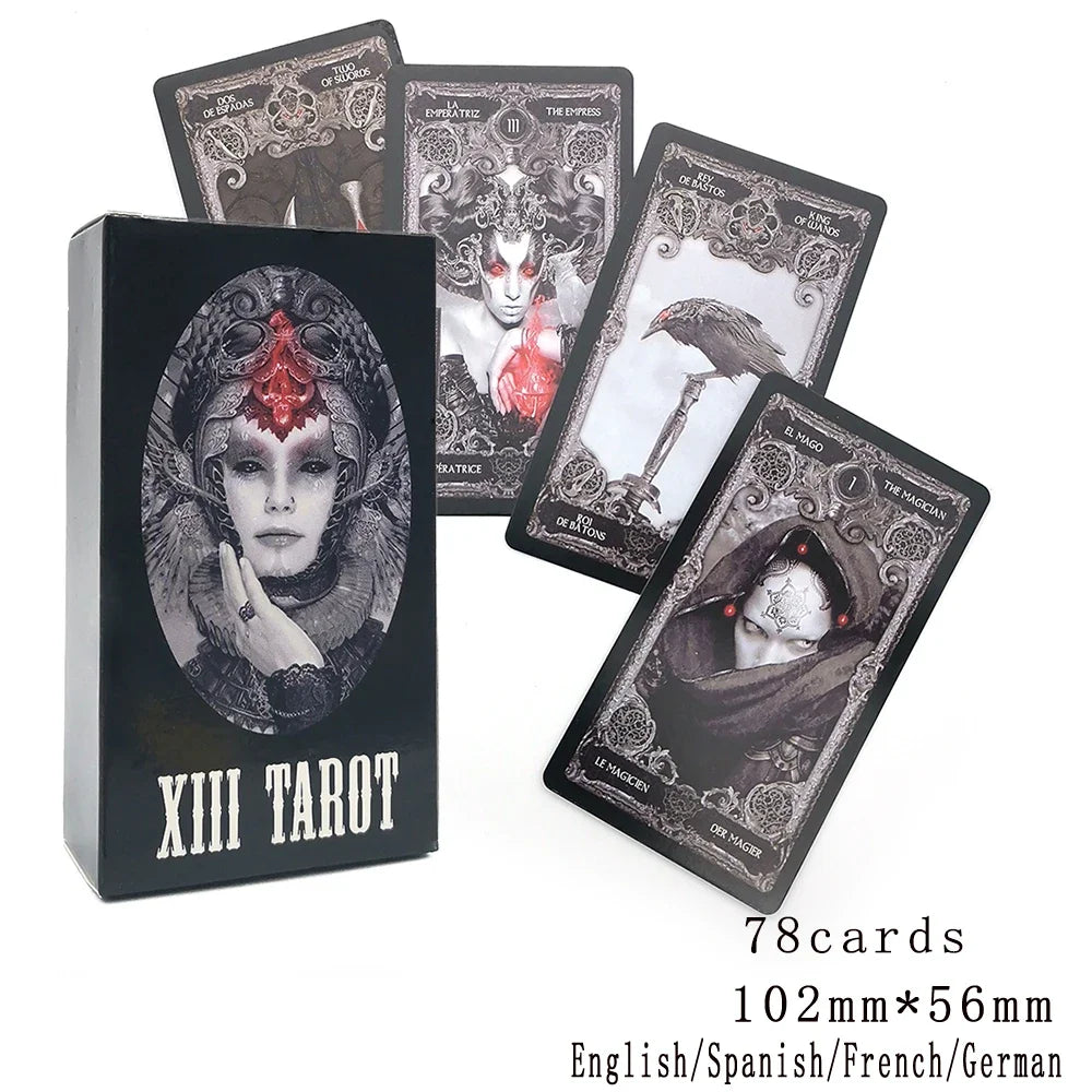 XIII Dark Tarot Deck - 78 Cards Gothic Mysterious Divination | 5 Languages on Every Card | QR Guide Included | Adults 18+