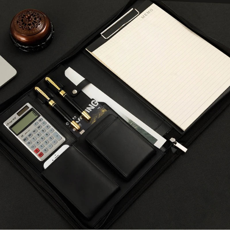 Executive A4 Leather Portfolio Folder – Zippered PU Leather Padfolio | With or Without Calculator | Black, Bronze, Blue & Brown
