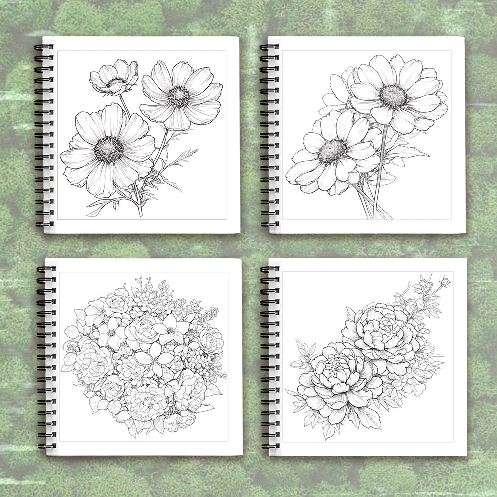 Adult level Spiral Coloring Book - 30 Sheets Floral Designs with Light Shading | 8.3x8.3" | Birthday & Holiday Gift