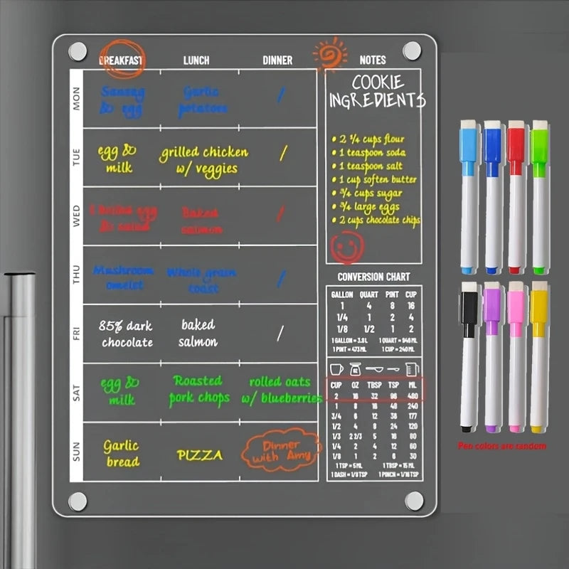 3-in-1 Magnetic Acrylic Meal Planner for Fridge – Clear Weekly Dry-Erase Menu Board | Breakfast, Lunch & Dinner | Notes & Conversion Chart | 8 Markers Included