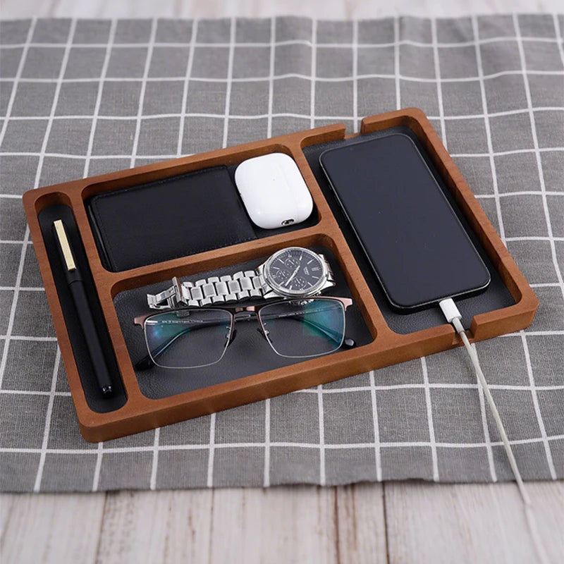 Wooden Desktop Storage Organizer Box with Compartments | Glasses, Phone, Earphones & Sundries | 2 Designs | Home & Office