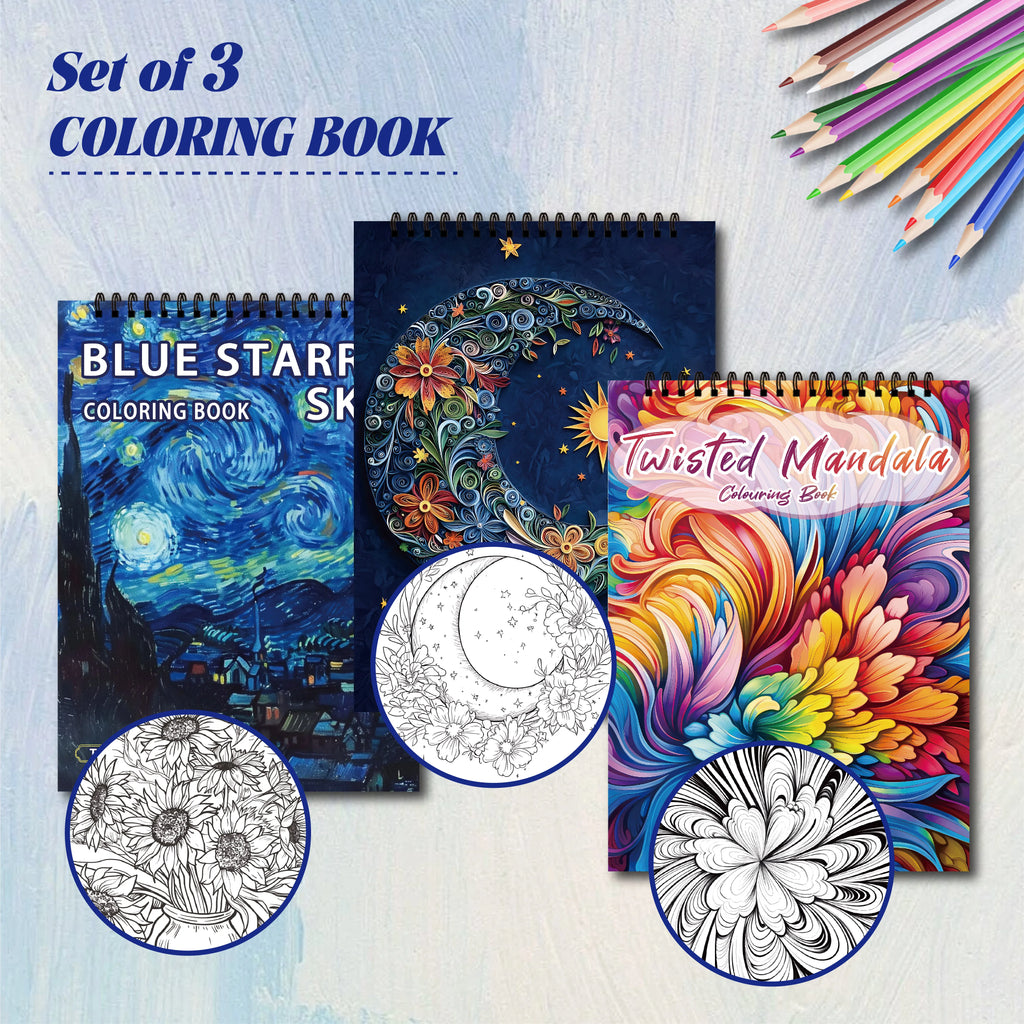 Art Coloring Book Set - 3 Books (Van Gogh, Moon, Mandala) - 90 Designs Total
