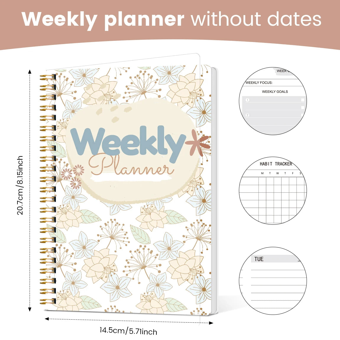 Undated Weekly Planner – A5 Spiral Journal | Weekly Goals, To-Do List & Habit Tracker | Romantic Boho Floral Cover