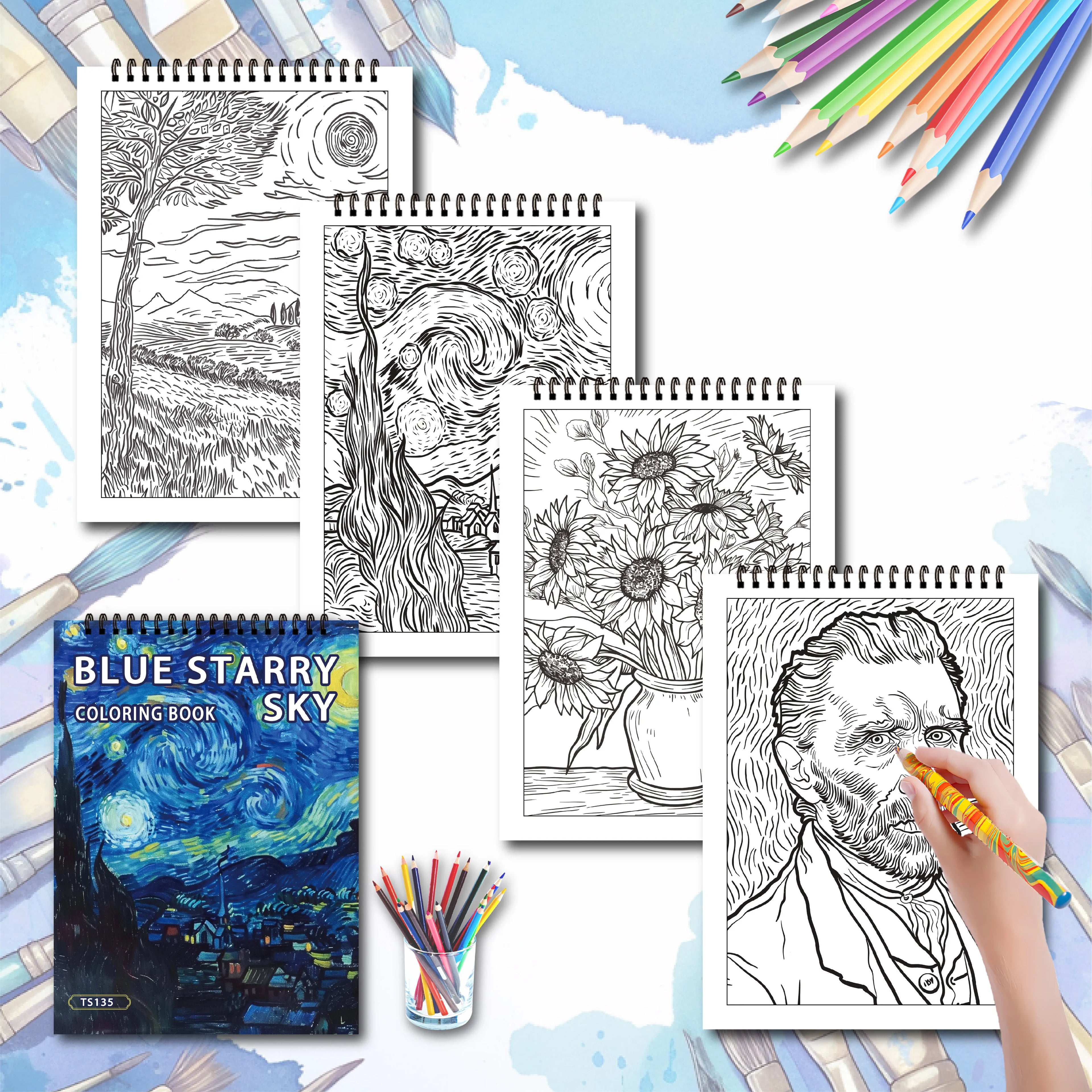 Art Coloring Book Set - 3 Books (Van Gogh, Moon, Mandala) - 90 Designs Total
