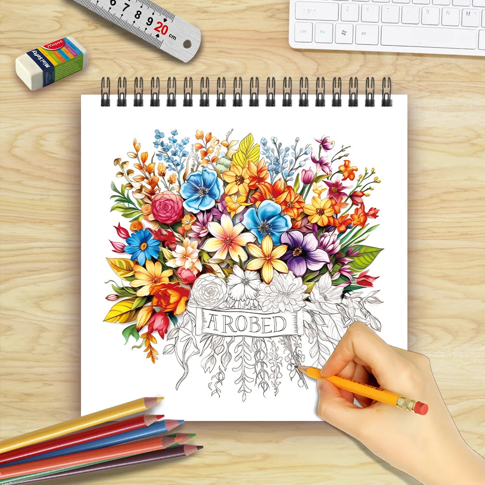 Adult level Spiral Coloring Book - 30 Sheets Floral Designs with Light Shading | 8.3x8.3" | Birthday & Holiday Gift