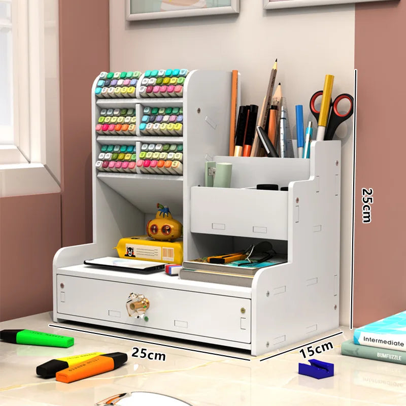 Wooden Pen & Stationery Desk Organizer — Multi-Compartment Desktop Storage for Home & Office