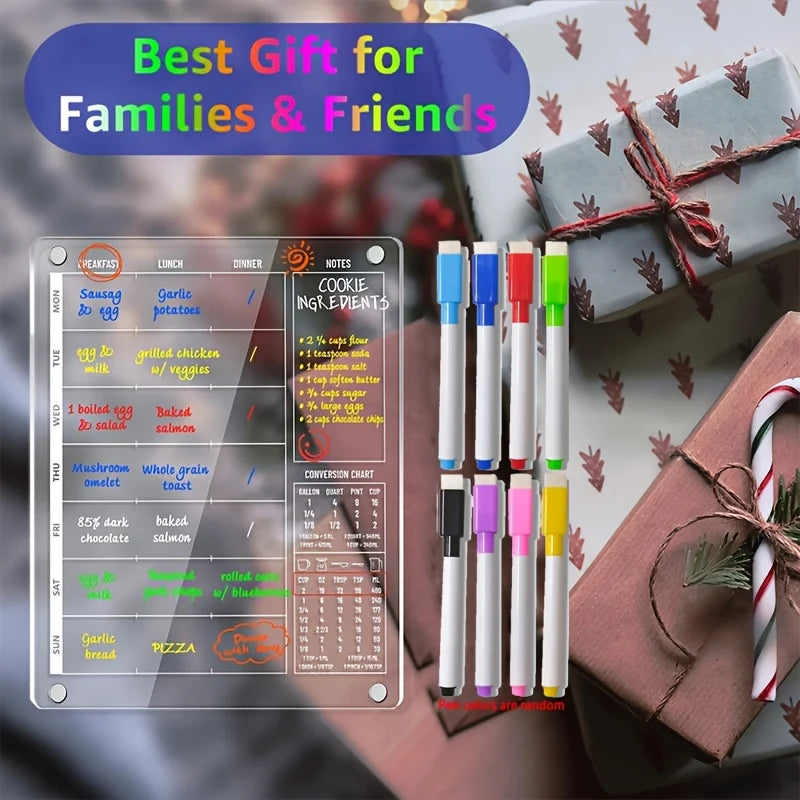 3-in-1 Magnetic Acrylic Meal Planner for Fridge – Clear Weekly Dry-Erase Menu Board | Breakfast, Lunch & Dinner | Notes & Conversion Chart | 8 Markers Included
