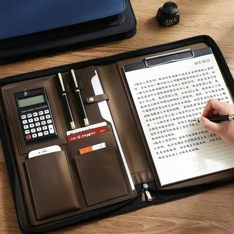 Executive A4 Leather Portfolio Folder – Zippered PU Leather Padfolio | With or Without Calculator | Black, Bronze, Blue & Brown