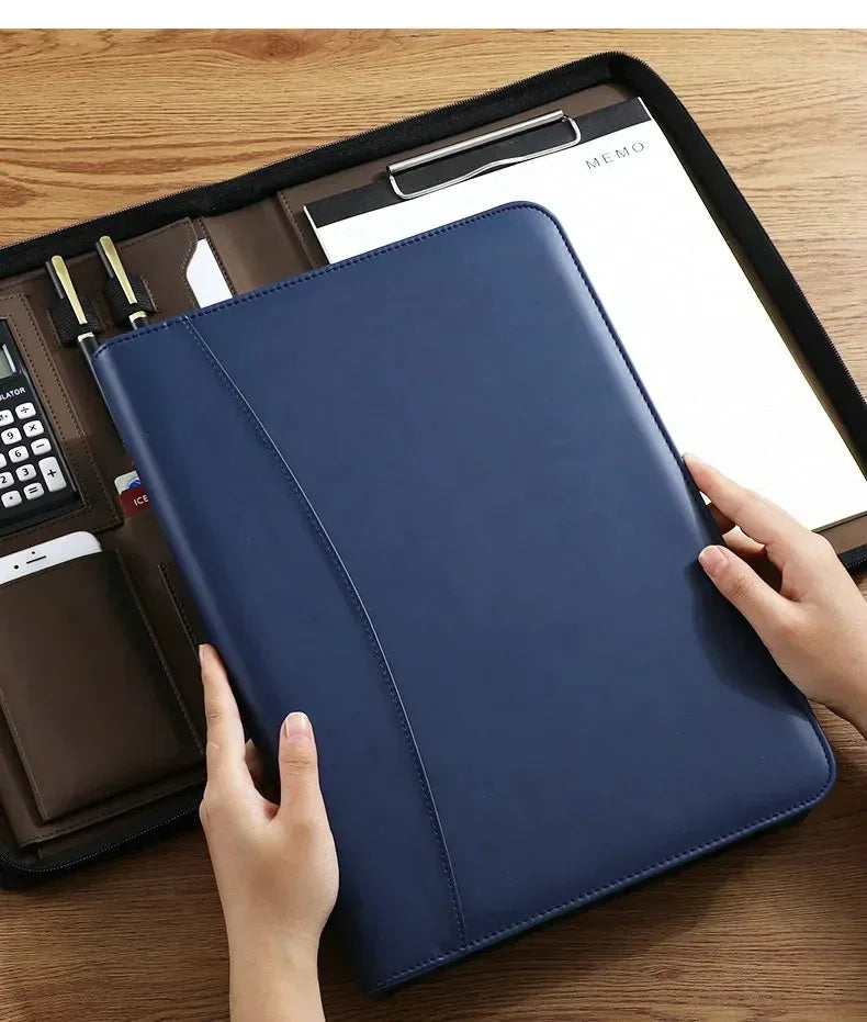 Executive A4 Leather Portfolio Folder – Zippered PU Leather Padfolio | With or Without Calculator | Black, Bronze, Blue & Brown