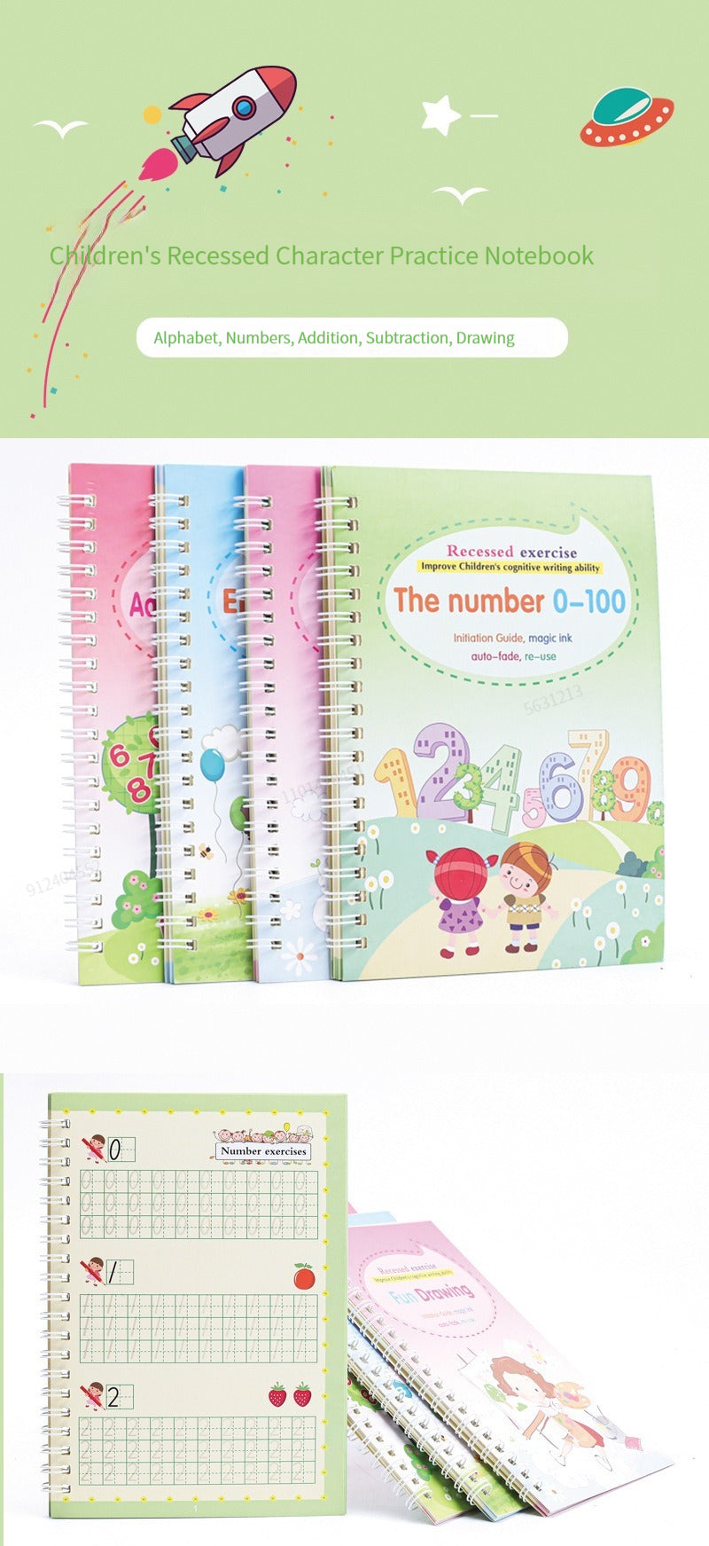 Magic Reusable Writing Practice Books | 4-Book Set with Auto-Disappearing Ink Pen