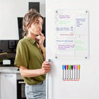 Magnetic Acrylic Fridge Weekly Calendar – Frameless Transparent Dry-Erase Planner | 7-Day Meal & Grocery Board | 8 Markers Included