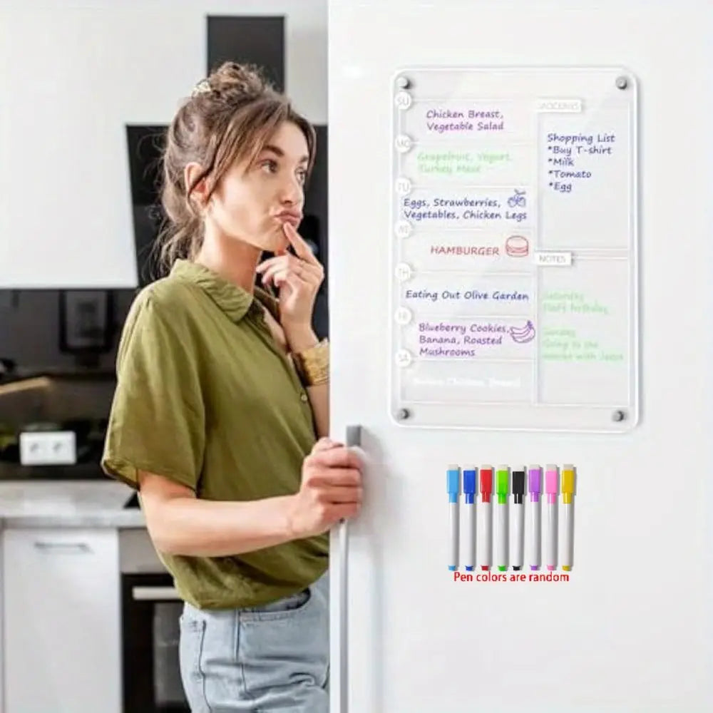 Magnetic Acrylic Fridge Weekly Calendar – Frameless Transparent Dry-Erase Planner | 7-Day Meal & Grocery Board | 8 Markers Included