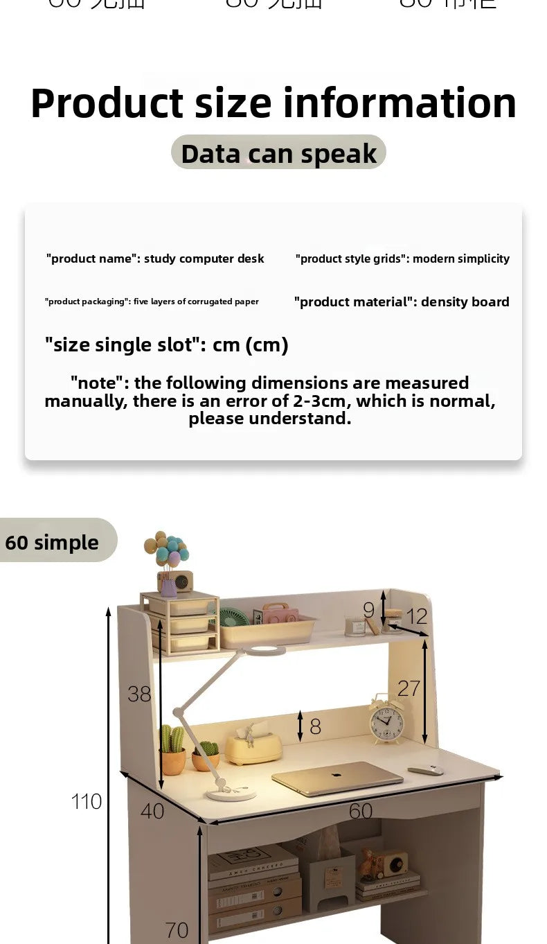 Kids & Teen Study Desk with Built-In Bookshelf – Integrated Storage Unit for Bedroom | 60cm & 80cm, Simple or Cabinet Version