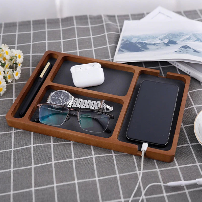Wooden Desktop Storage Organizer Box with Compartments | Glasses, Phone, Earphones & Sundries | 2 Designs | Home & Office