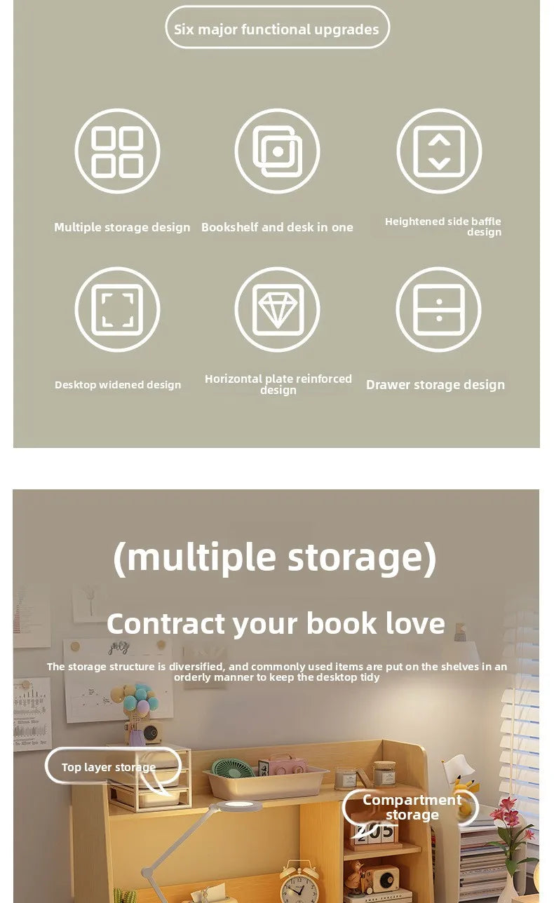 Kids & Teen Study Desk with Built-In Bookshelf – Integrated Storage Unit for Bedroom | 60cm & 80cm, Simple or Cabinet Version