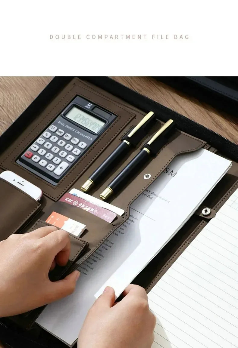 Executive A4 Leather Portfolio Folder – Zippered PU Leather Padfolio | With or Without Calculator | Black, Bronze, Blue & Brown