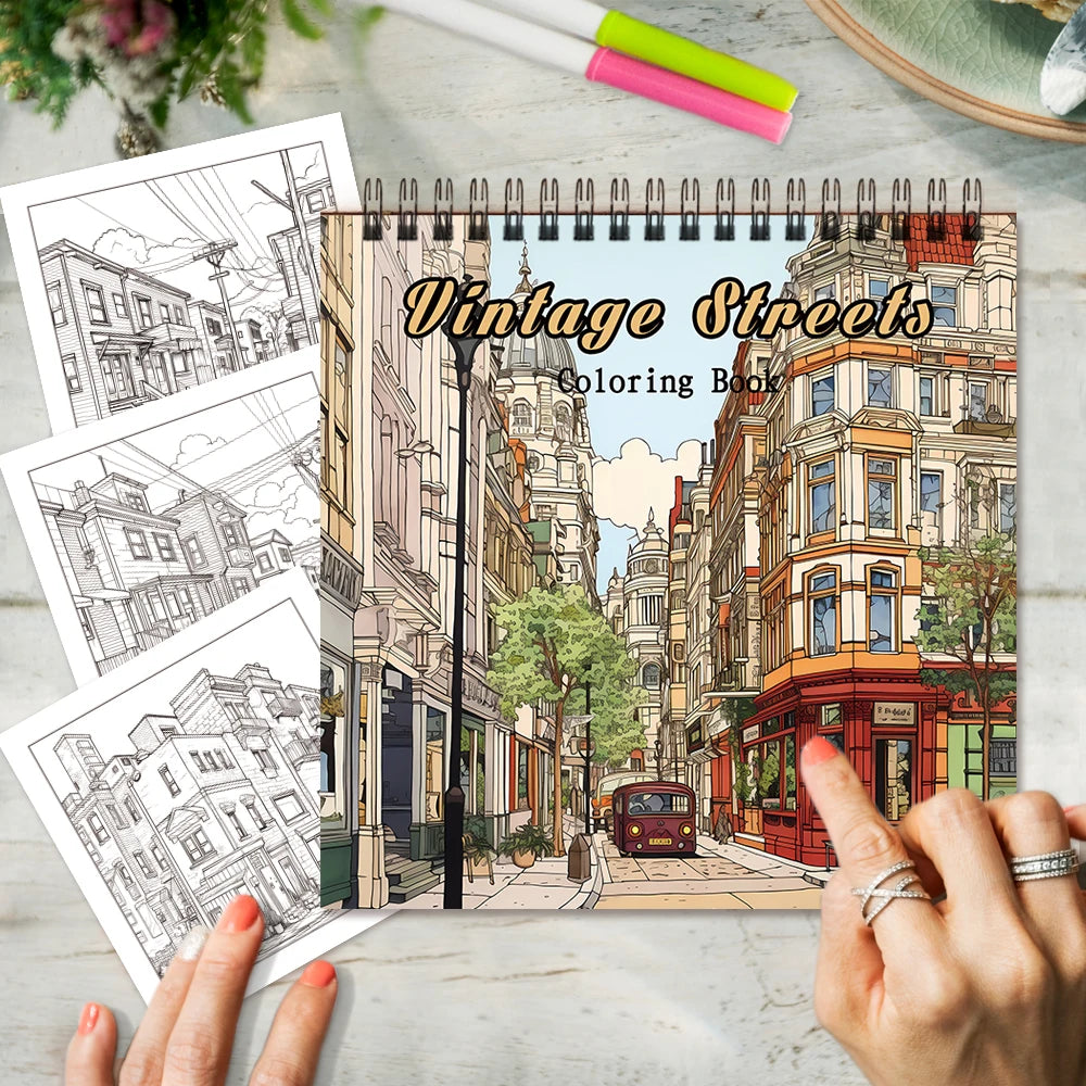 Cartoon Landscape Coloring Books Set of 3 – Vintage Streets, Tales from the Field & Sea View Room | Spiral-Bound, 30 Pages Each