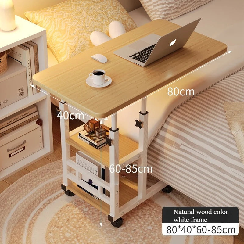 Rolling Height-Adjustable Desk with Storage Shelves – Overbed, Bedside & Study Table for Bedroom, Dorm & Home Office