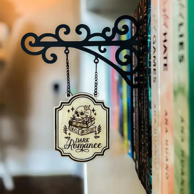 Literary Bookshelf Sign – Hangable Wooden Genre Plaque for Book Lovers | Dark Romance, Poetry & More