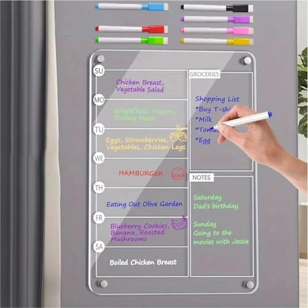 Magnetic Acrylic Fridge Weekly Calendar – Frameless Transparent Dry-Erase Planner | 7-Day Meal & Grocery Board | 8 Markers Included