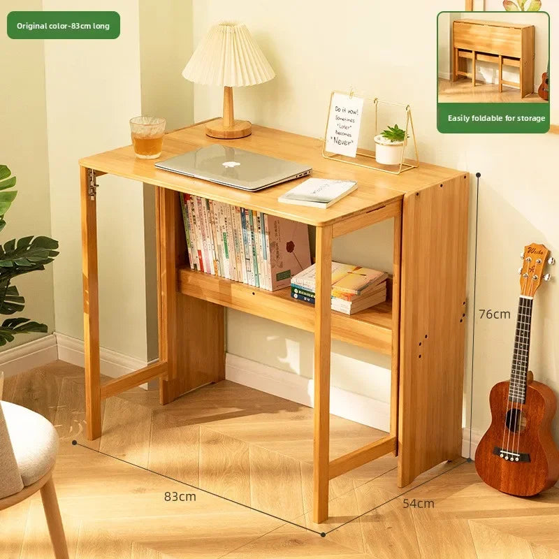 Foldable Bamboo Desk with Built-In Storage Shelf – No-Assembly Space-Saving Study & Computer Desk for Bedroom & Small Spaces